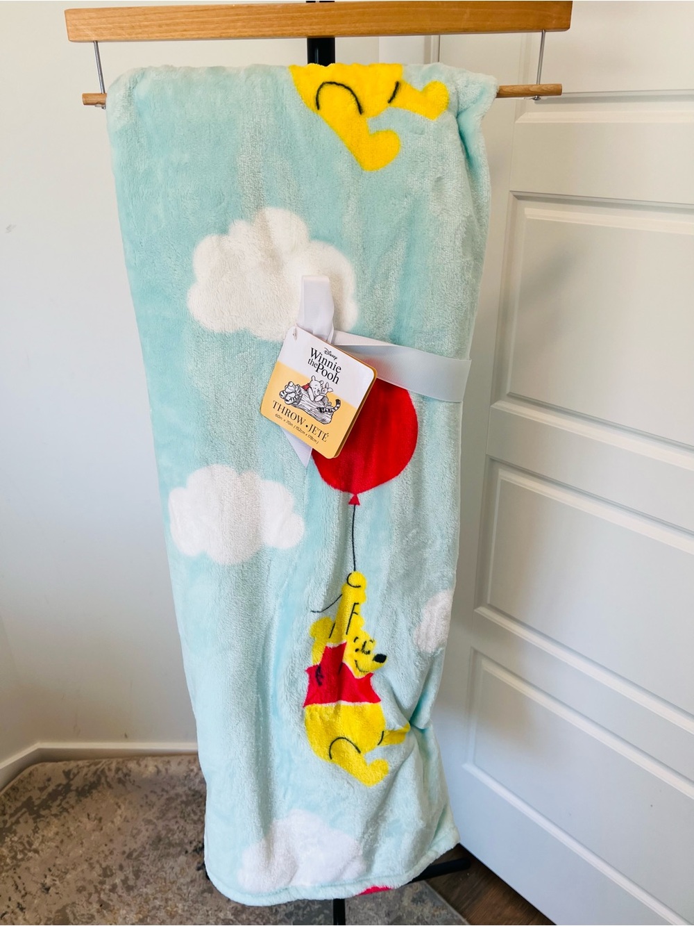 Disney Winnie the Pooh Plush Throw Blanket – Light Blue with Yellow & Red